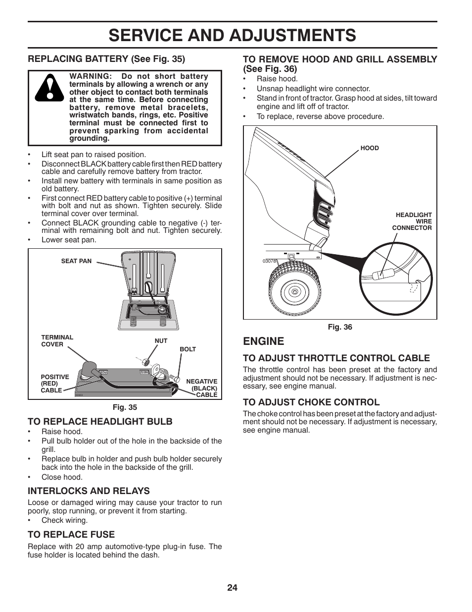 Service and adjustments, Engine | Poulan Pro PB175G42 LAWN TRACTOR User Manual | Page 24 / 60