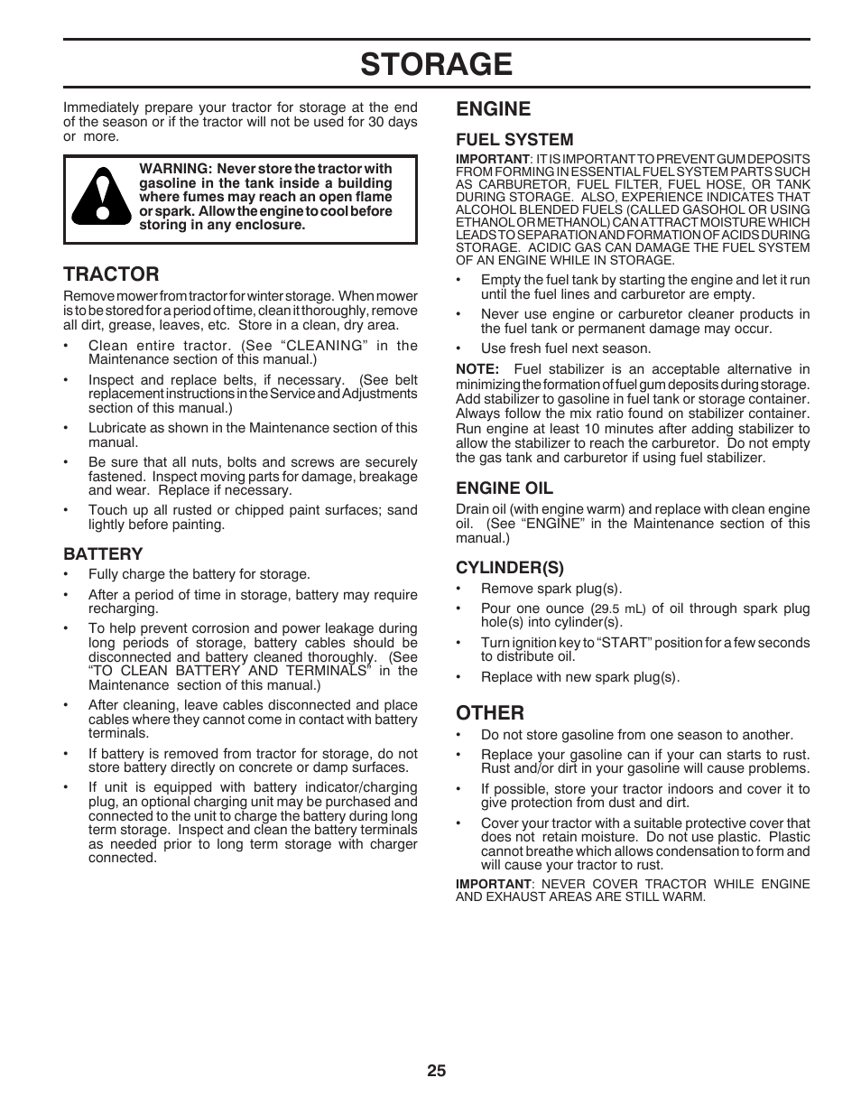 Storage, Engine, Other | Tractor | Poulan Pro PB175G42 LAWN TRACTOR User Manual | Page 25 / 60