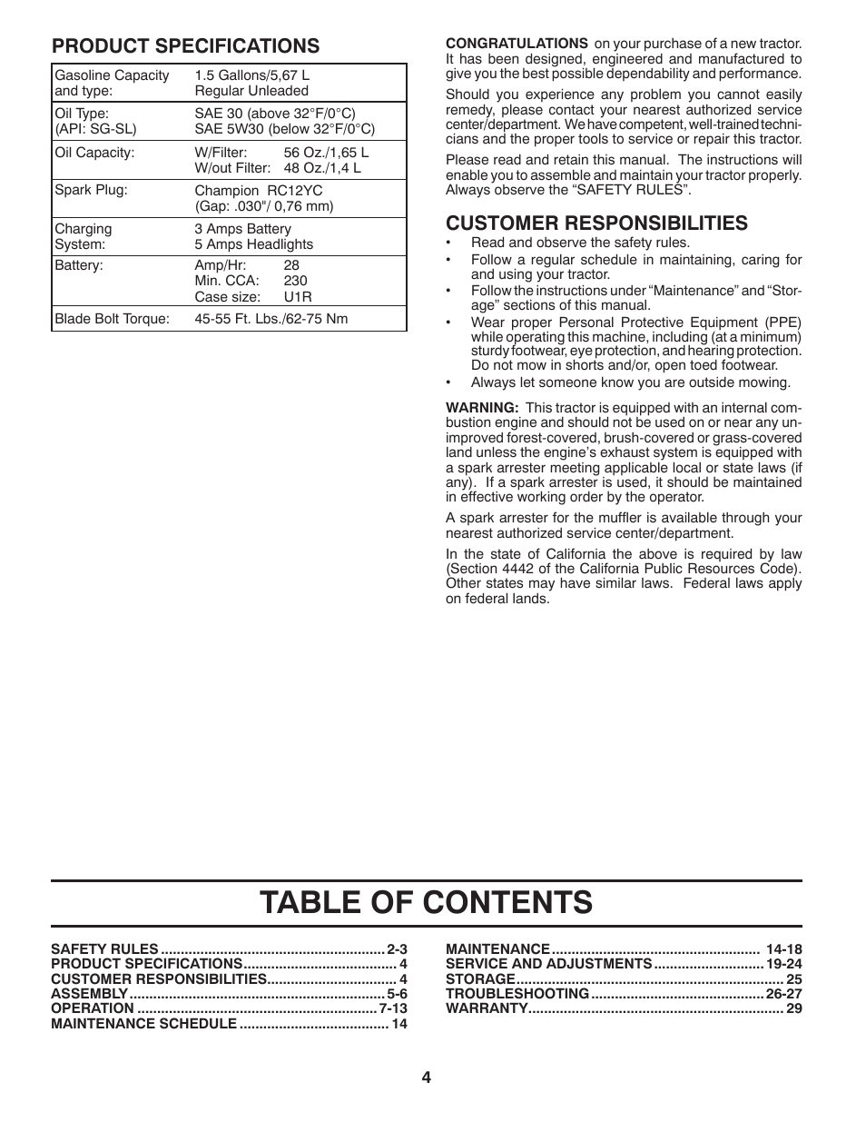 Poulan Pro PB175G42 LAWN TRACTOR User Manual | Page 4 / 60