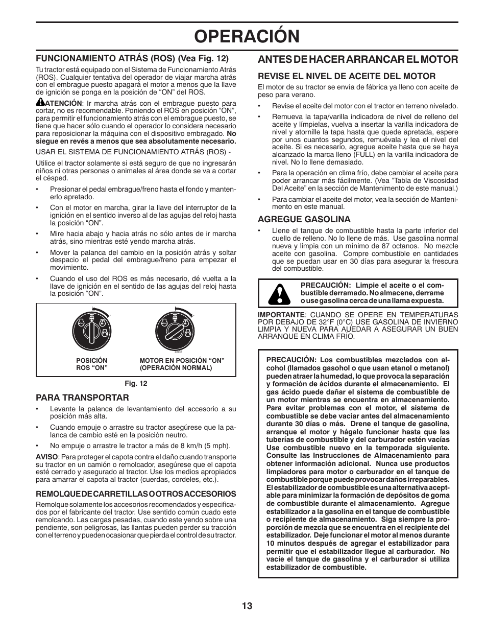 Operación, Antes de hacer arrancar el mo tor | Poulan Pro PB175G42 LAWN TRACTOR User Manual | Page 43 / 60