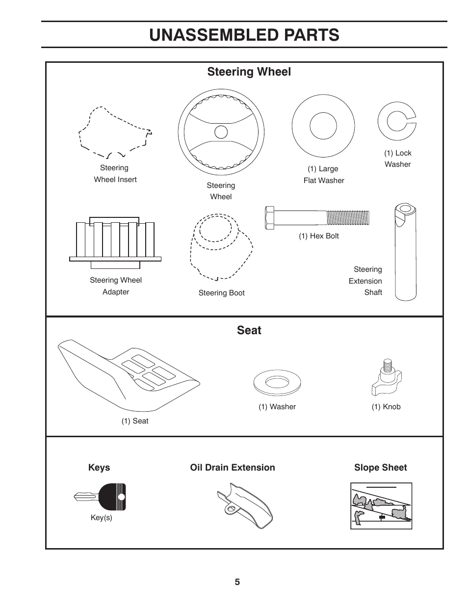 Unassembled parts, Steering wheel, Seat | Poulan Pro PB175G42 LAWN TRACTOR User Manual | Page 5 / 60