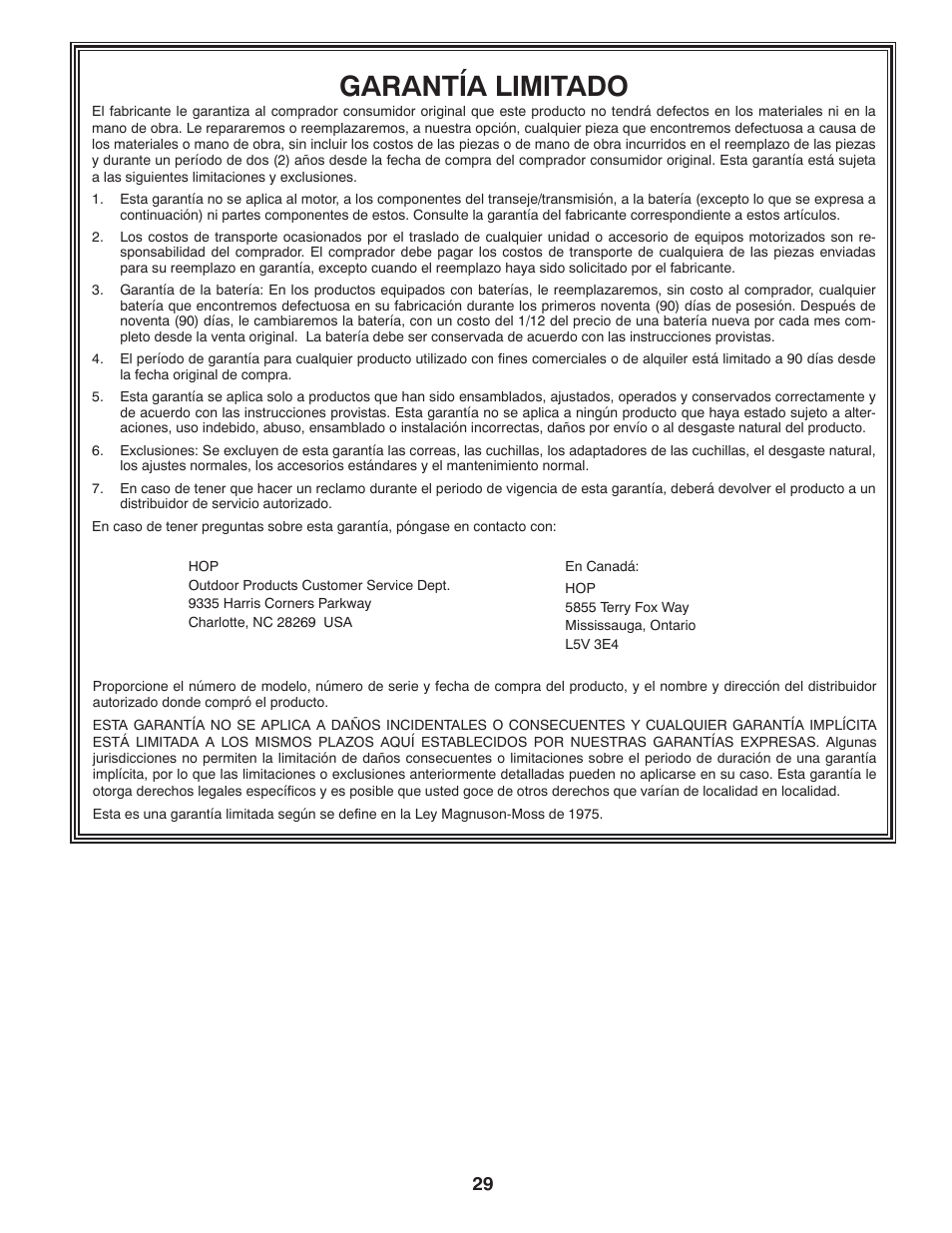 Garantía limitado | Poulan Pro PB175G42 LAWN TRACTOR User Manual | Page 59 / 60
