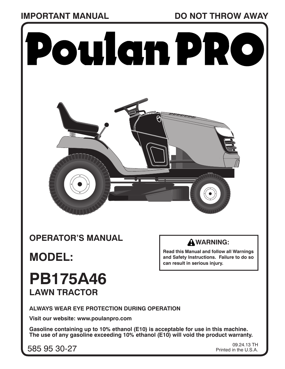 Poulan Pro PB175A46 LAWN TRACTOR User Manual | 60 pages