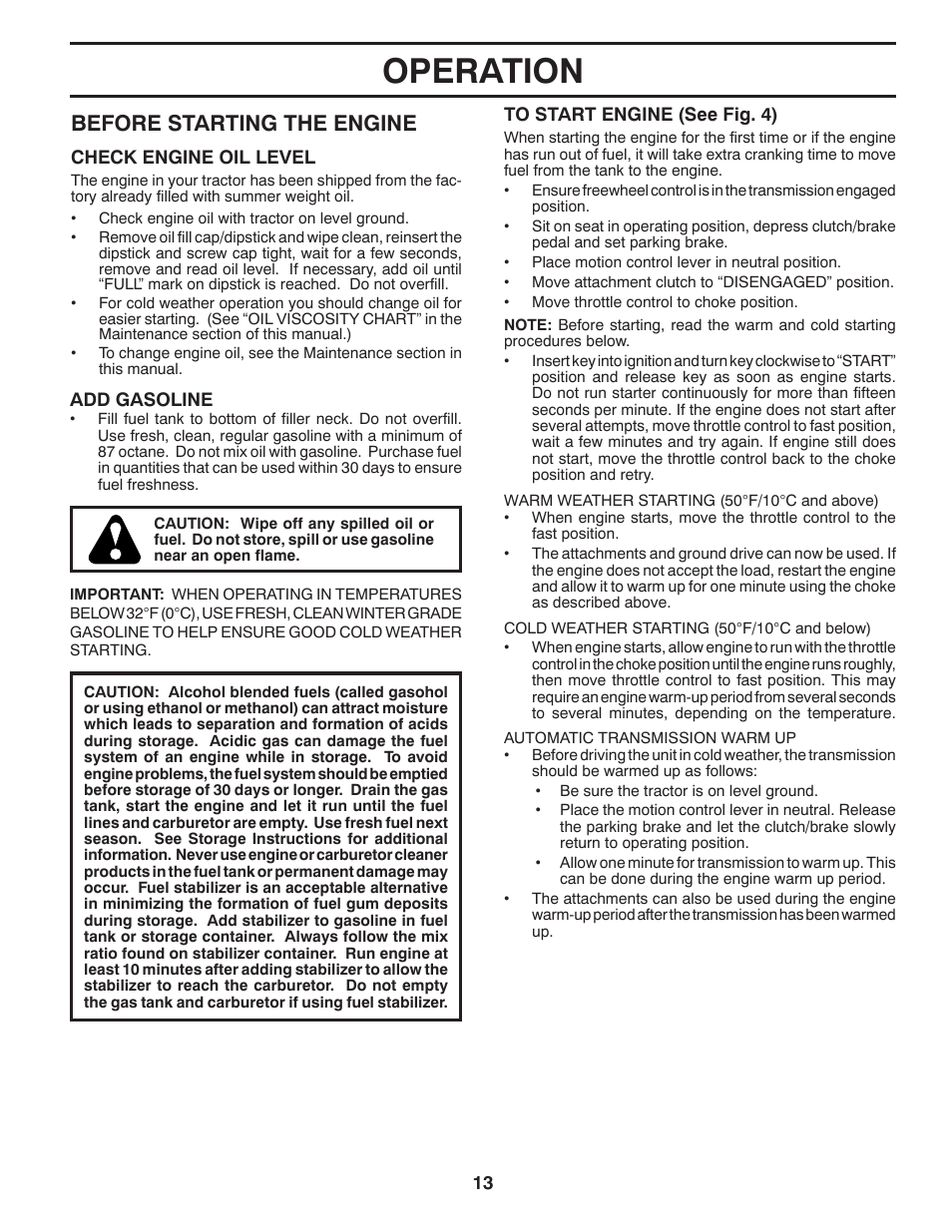 Operation, Before starting the engine | Poulan Pro PB175A46 LAWN TRACTOR User Manual | Page 13 / 60
