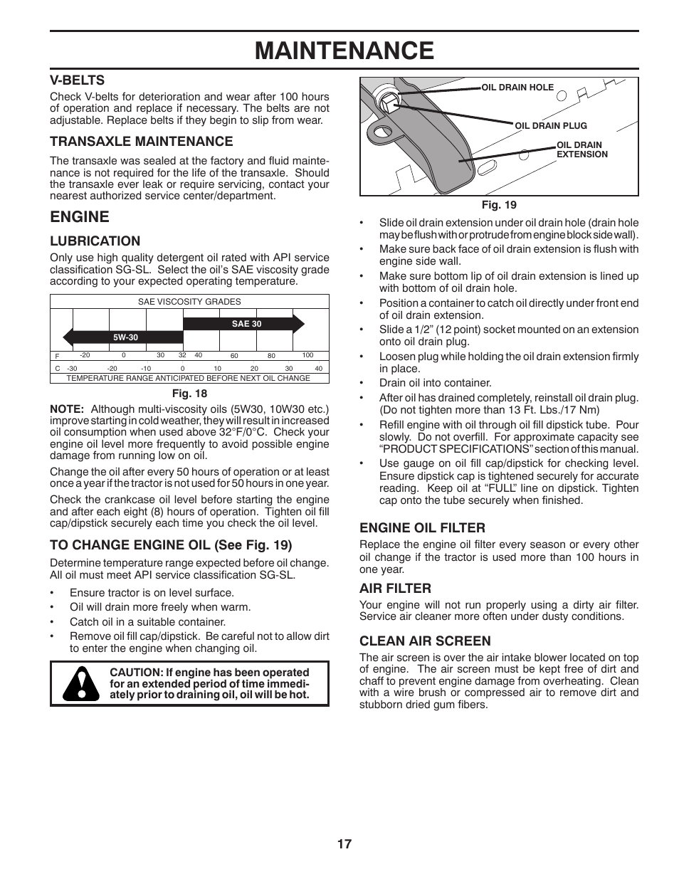 Maintenance, Engine, 17 v-belts | Air filter, Transaxle maintenance, Lubrication, Engine oil filter, Clean air screen | Poulan Pro PB175A46 LAWN TRACTOR User Manual | Page 17 / 60