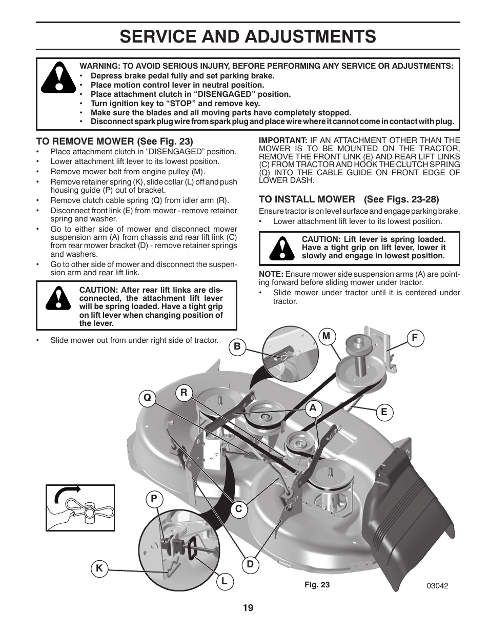 Service and adjustments | Poulan Pro PB175A46 LAWN TRACTOR User Manual | Page 19 / 60