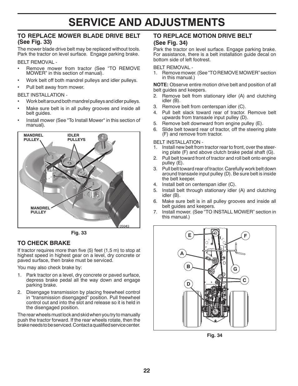 Service and adjustments | Poulan Pro PB175A46 LAWN TRACTOR User Manual | Page 22 / 60