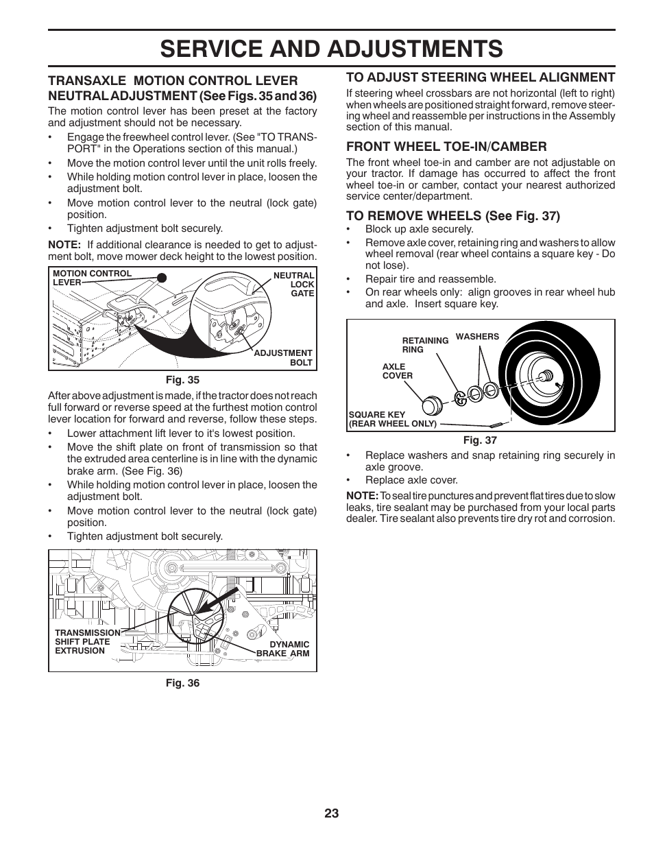 Service and adjustments, 23 to adjust steering wheel alignment, Front wheel toe-in/camber | Poulan Pro PB175A46 LAWN TRACTOR User Manual | Page 23 / 60