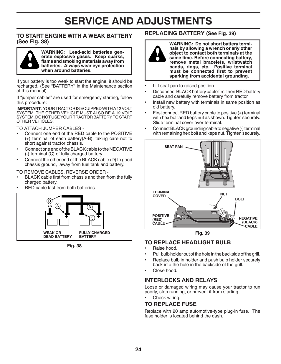 Service and adjustments | Poulan Pro PB175A46 LAWN TRACTOR User Manual | Page 24 / 60
