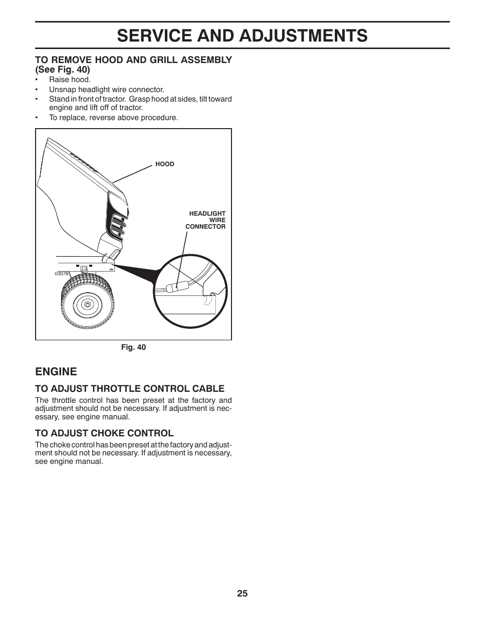 Service and adjustments, Engine | Poulan Pro PB175A46 LAWN TRACTOR User Manual | Page 25 / 60