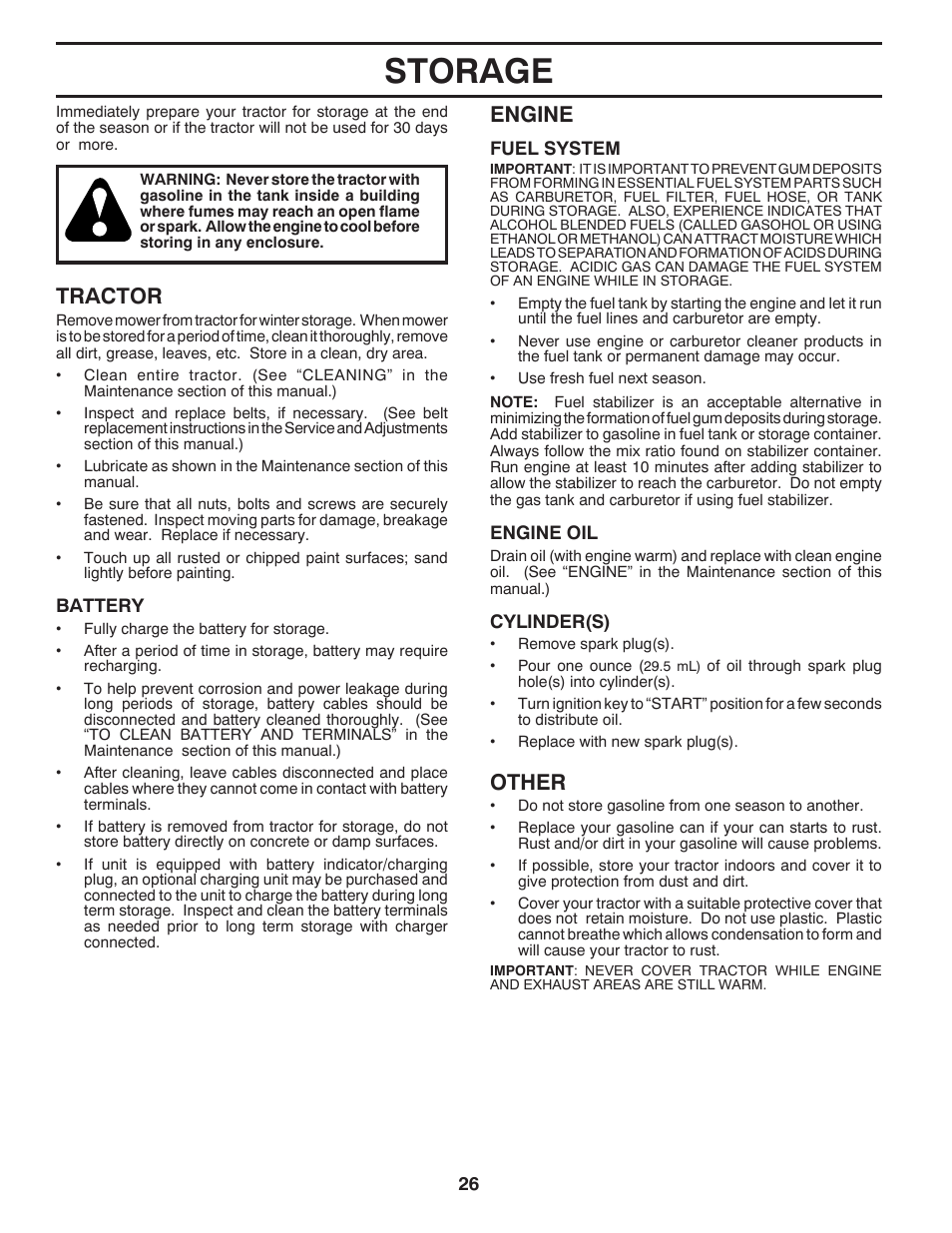 Storage, Engine, Other | Tractor | Poulan Pro PB175A46 LAWN TRACTOR User Manual | Page 26 / 60