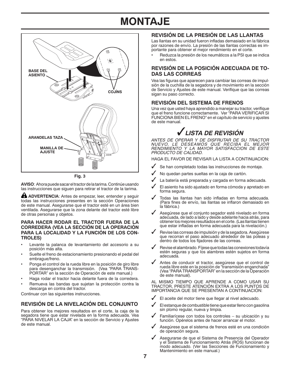 Montaje, Lista de revisión | Poulan Pro PB175A46 LAWN TRACTOR User Manual | Page 37 / 60