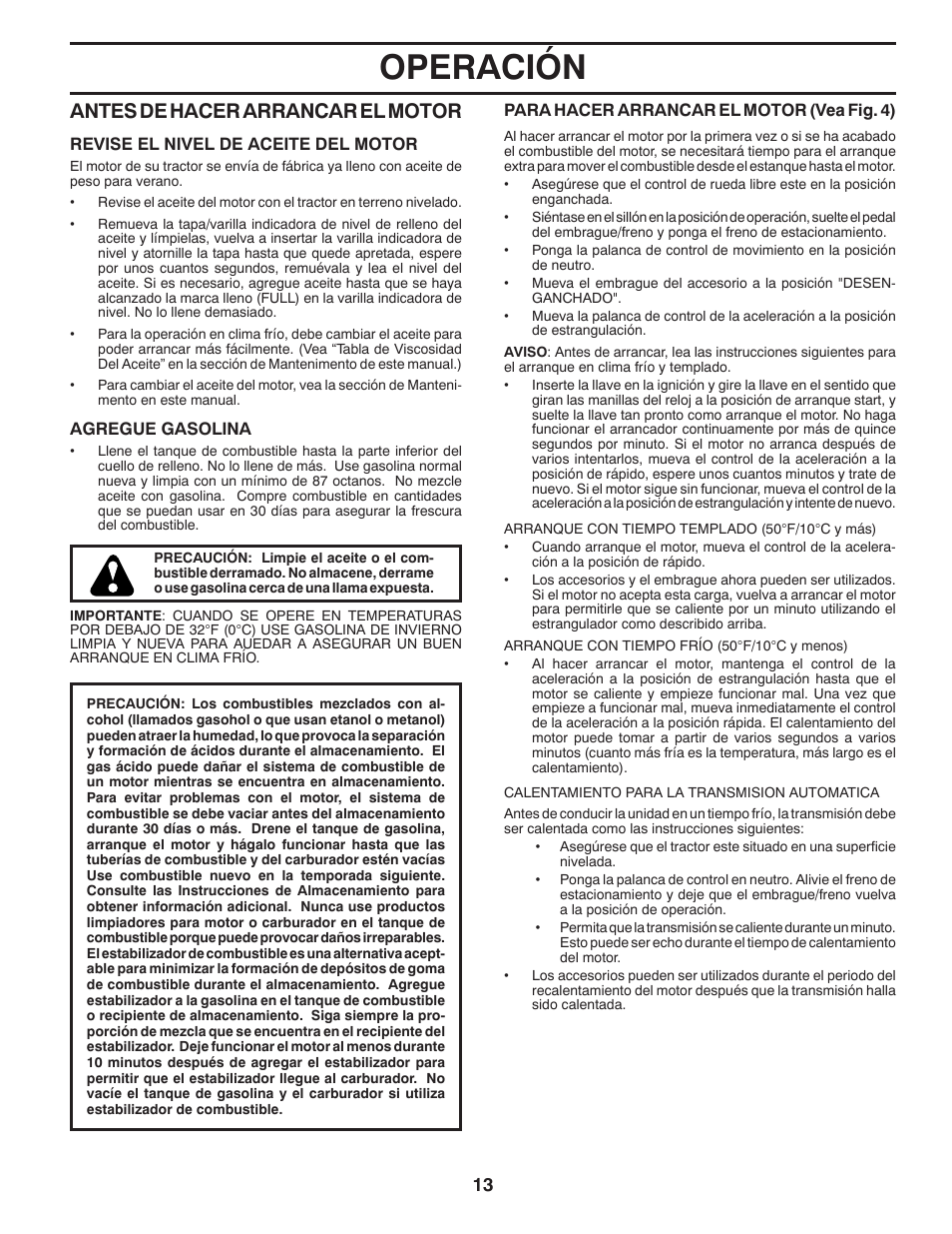 Operación, Antes de hacer arrancar el mo tor | Poulan Pro PB175A46 LAWN TRACTOR User Manual | Page 43 / 60