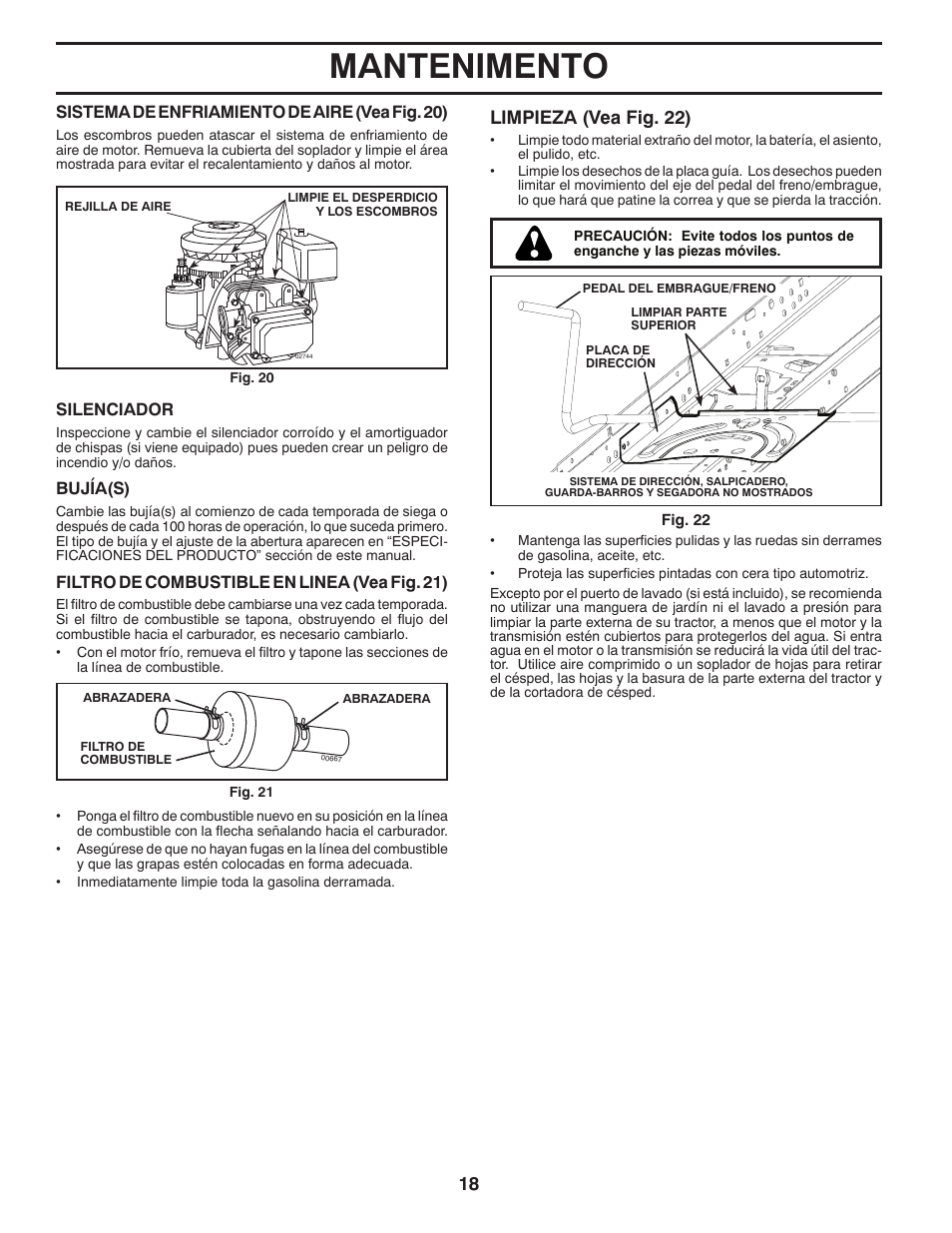 Mantenimento, Limpieza (vea fig. 22) | Poulan Pro PB175A46 LAWN TRACTOR User Manual | Page 48 / 60