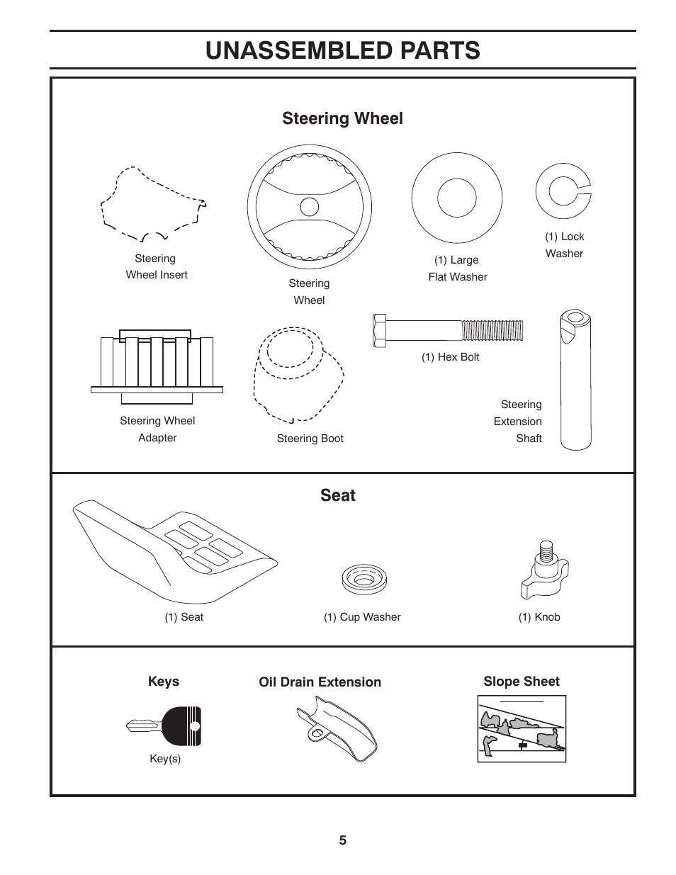 Unassembled parts, Steering wheel, Seat | Poulan Pro PB175A46 LAWN TRACTOR User Manual | Page 5 / 60