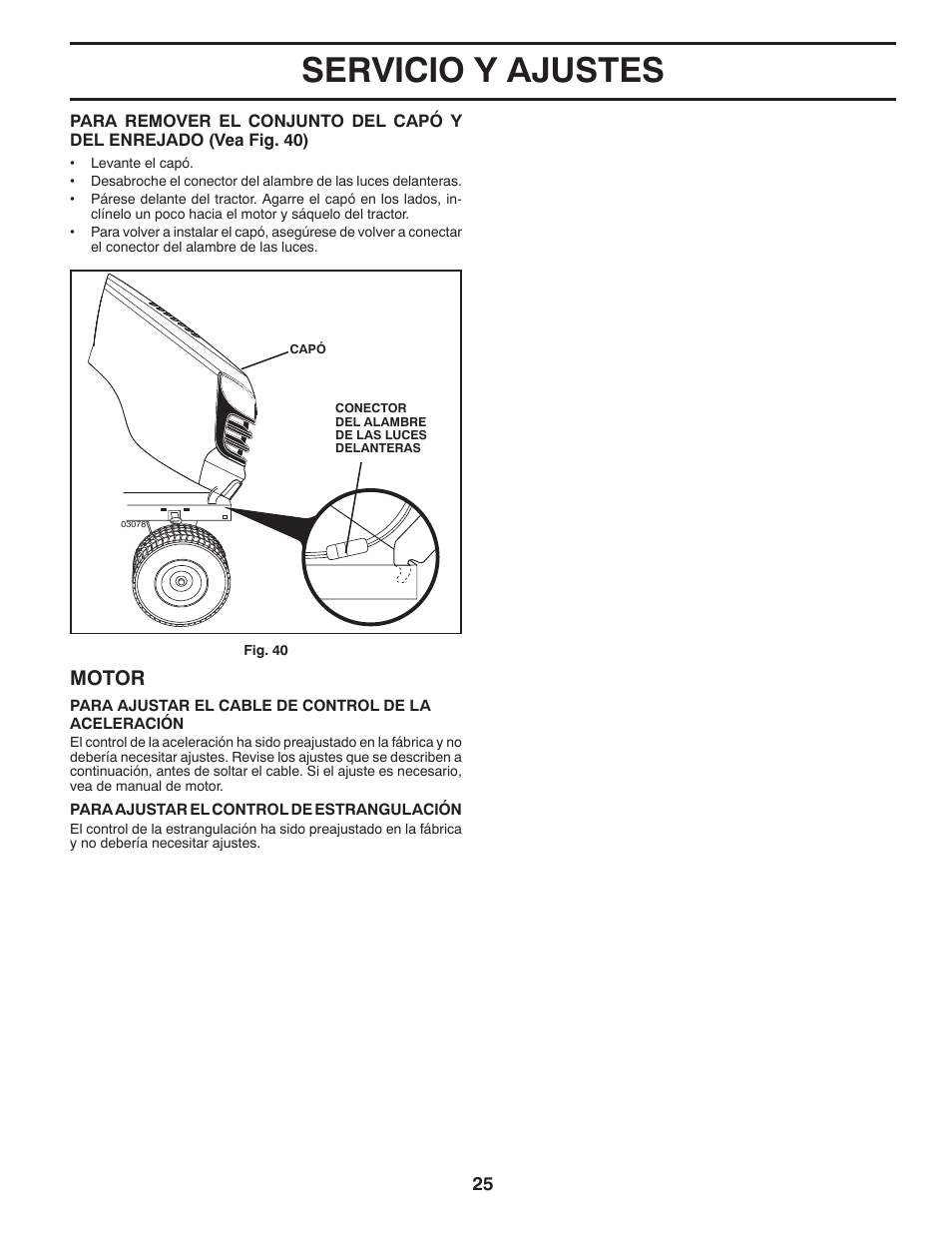 Servicio y ajustes, Motor | Poulan Pro PB175A46 LAWN TRACTOR User Manual | Page 55 / 60