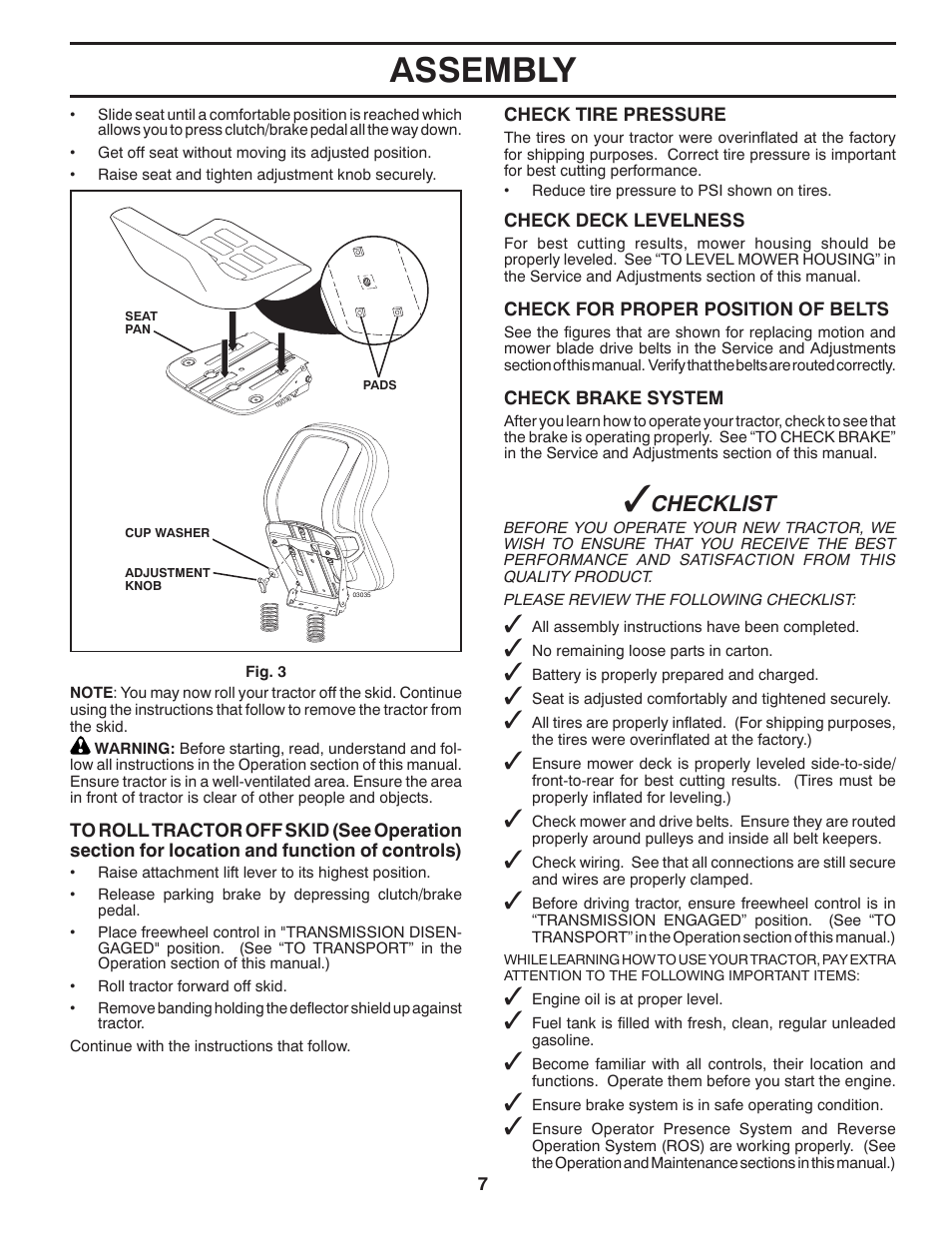 Assembly, Checklist | Poulan Pro PB175A46 LAWN TRACTOR User Manual | Page 7 / 60
