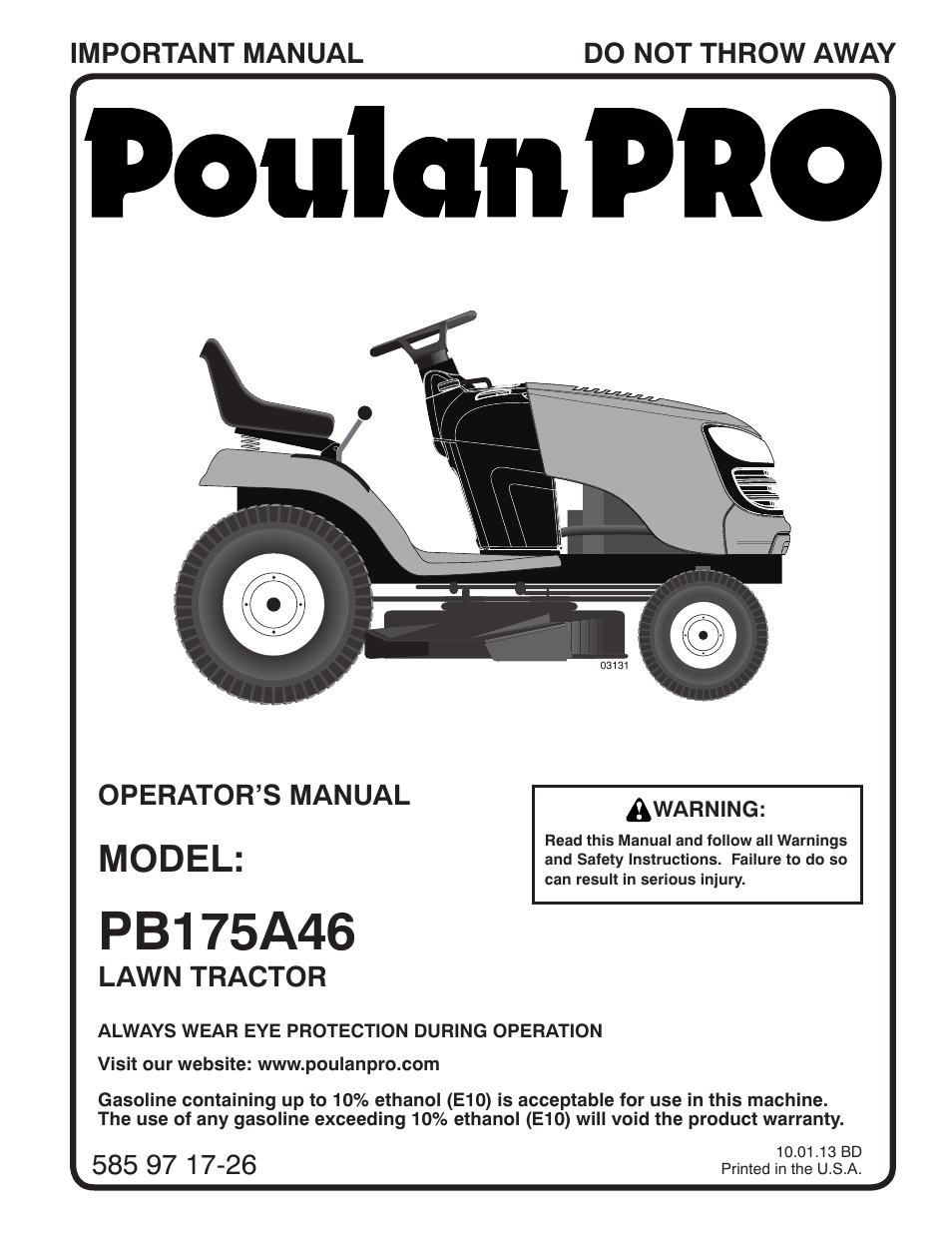 Poulan Pro PB175A46 LAWN TRACTOR User Manual | 56 pages