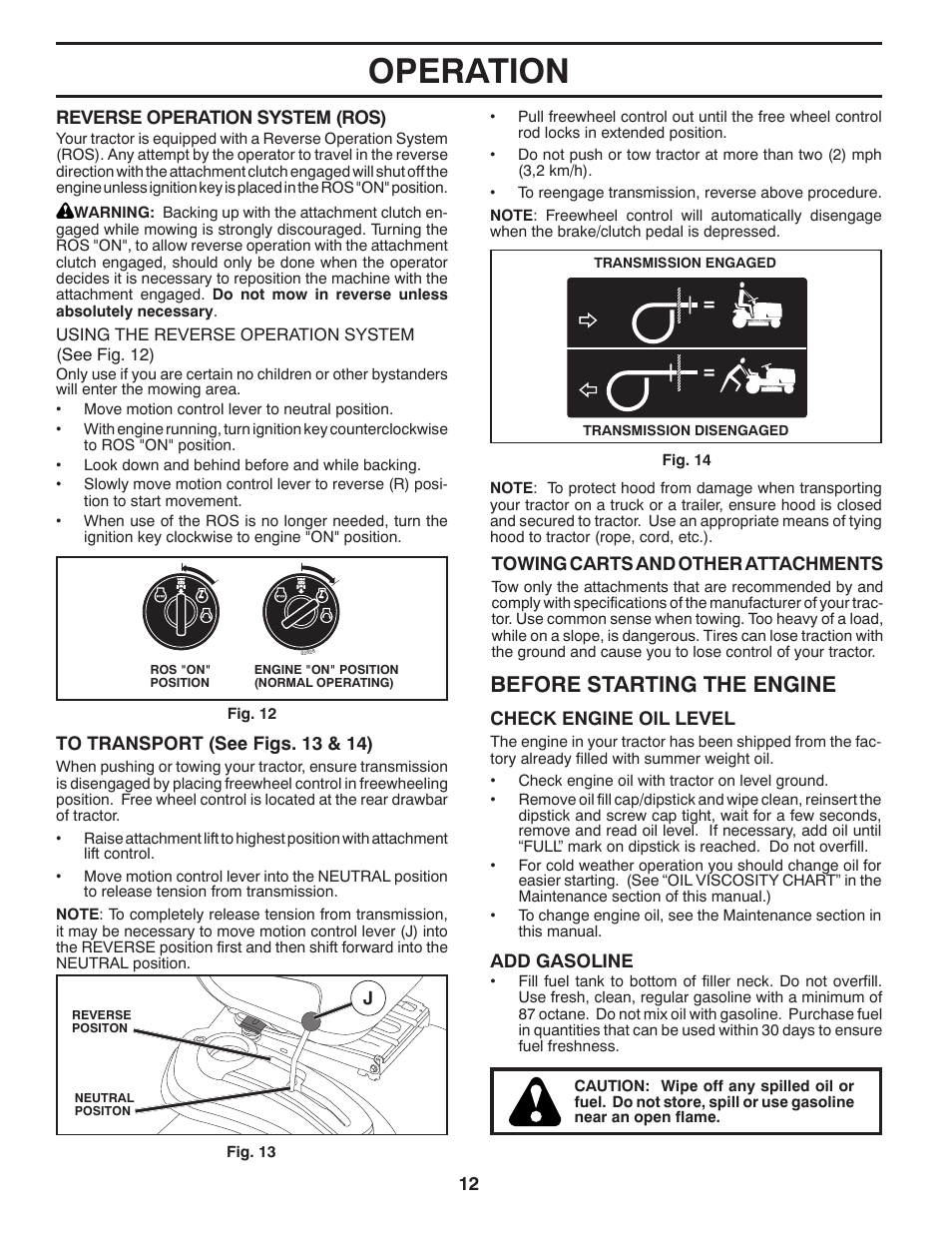 Operation, Before starting the engine | Poulan Pro PB175A46 LAWN TRACTOR User Manual | Page 12 / 56