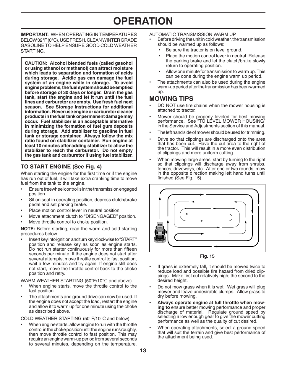 Operation, Mowing tips | Poulan Pro PB175A46 LAWN TRACTOR User Manual | Page 13 / 56