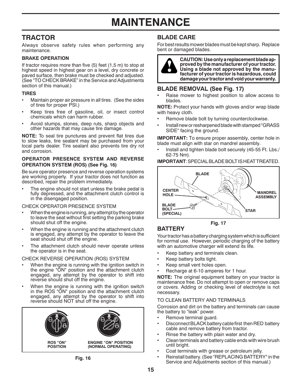 Maintenance, Tractor | Poulan Pro PB175A46 LAWN TRACTOR User Manual | Page 15 / 56