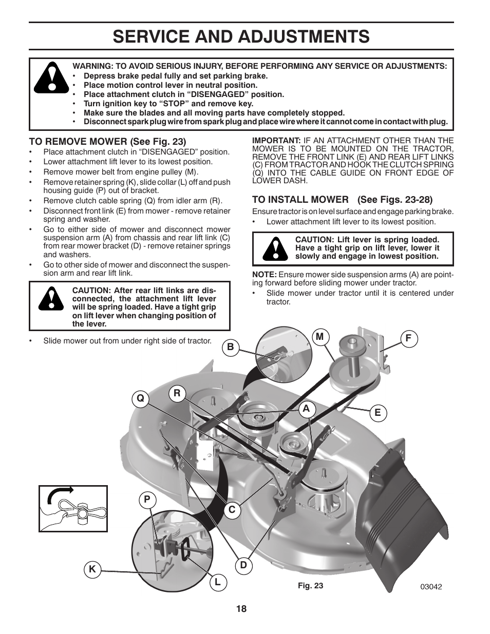 Service and adjustments | Poulan Pro PB175A46 LAWN TRACTOR User Manual | Page 18 / 56