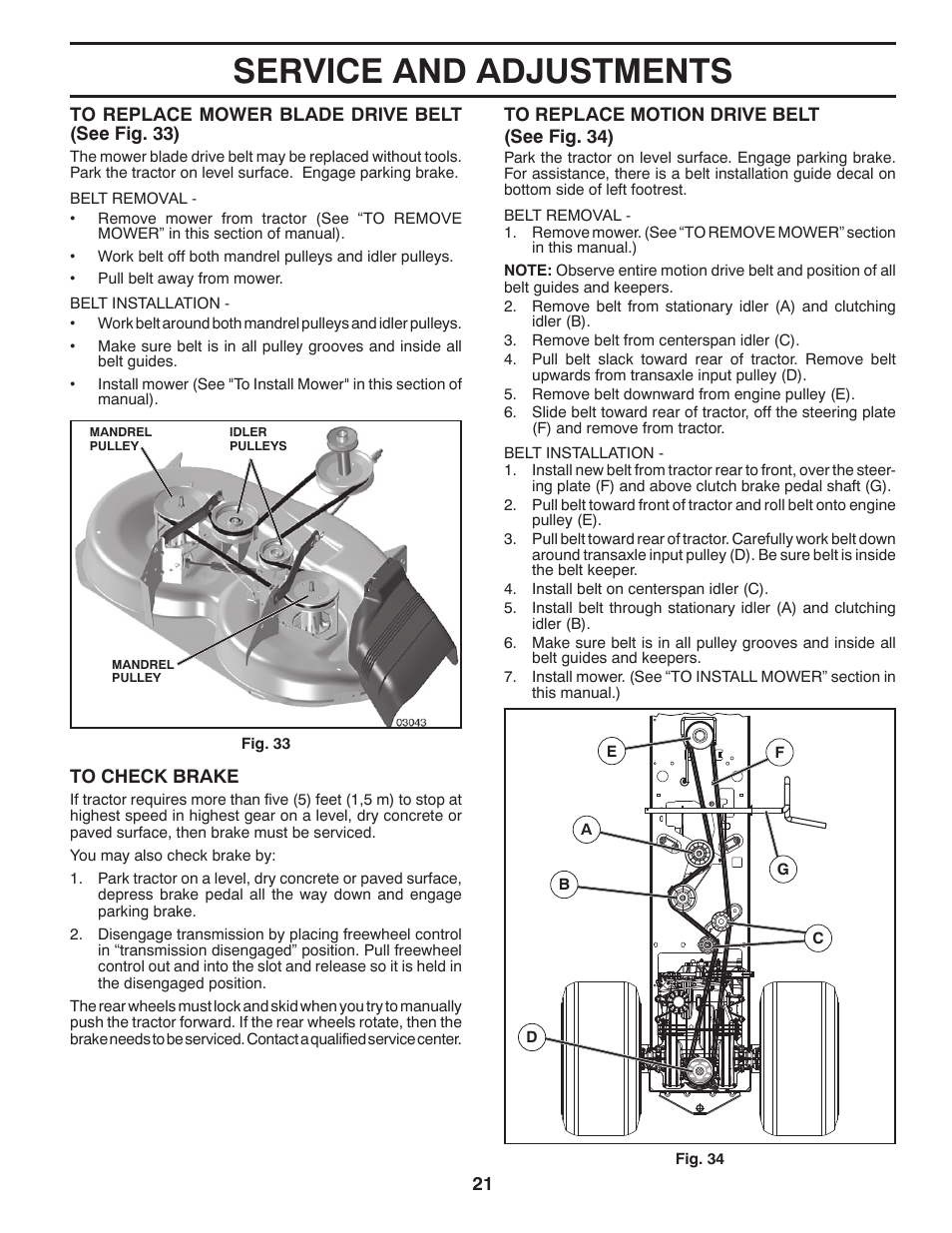 Service and adjustments | Poulan Pro PB175A46 LAWN TRACTOR User Manual | Page 21 / 56