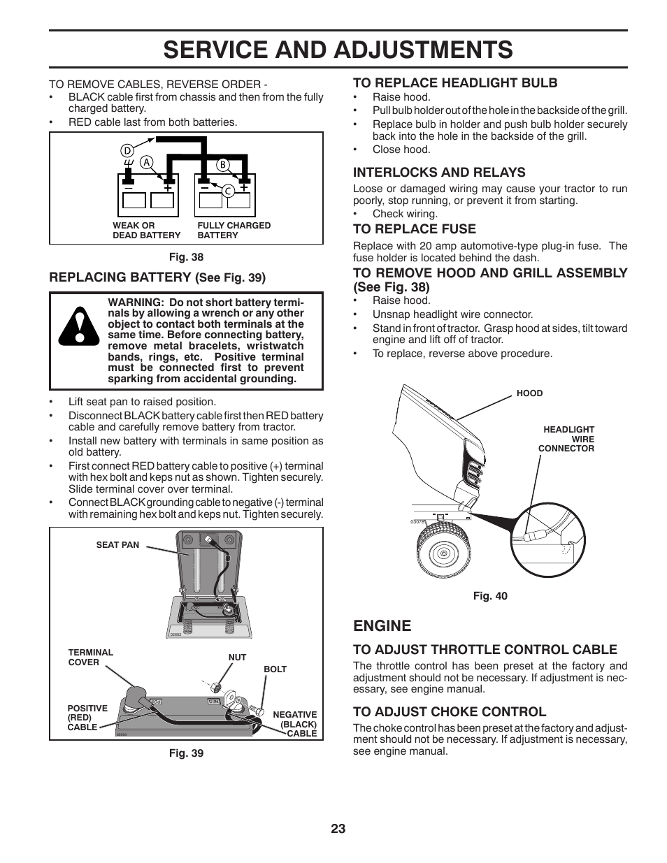 Service and adjustments, Engine | Poulan Pro PB175A46 LAWN TRACTOR User Manual | Page 23 / 56