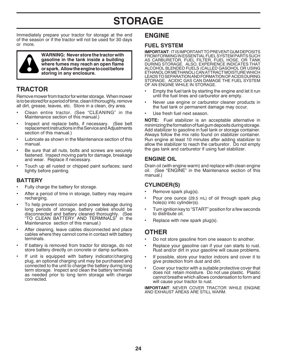 Storage, Engine, Other | Tractor | Poulan Pro PB175A46 LAWN TRACTOR User Manual | Page 24 / 56