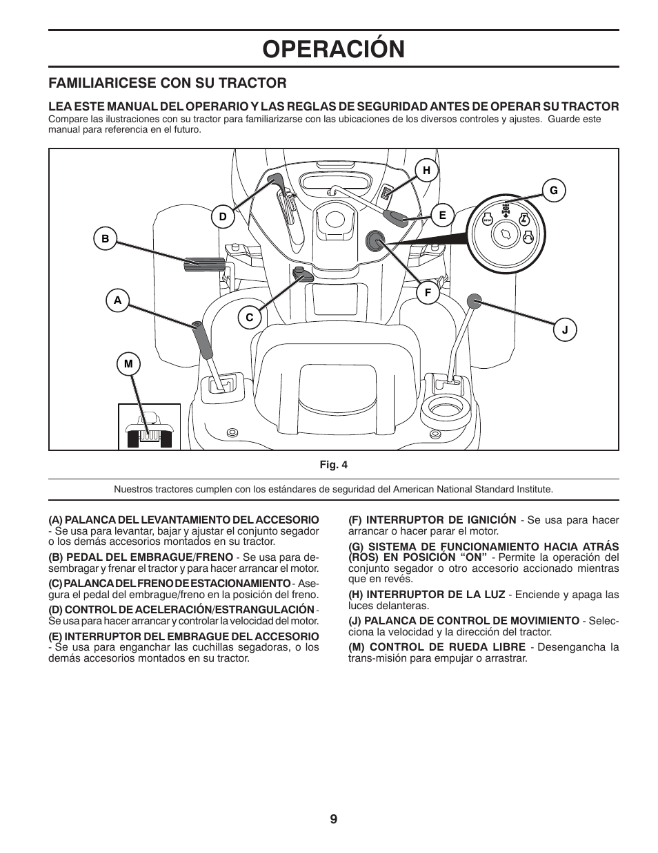 Operación, Familiaricese con su tractor | Poulan Pro PB175A46 LAWN TRACTOR User Manual | Page 37 / 56
