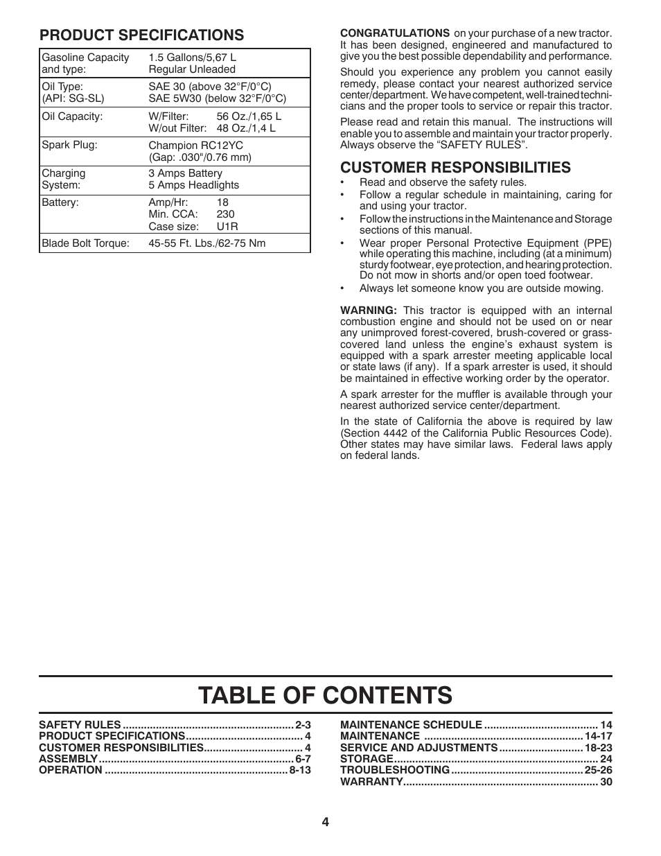 Poulan Pro PB175A46 LAWN TRACTOR User Manual | Page 4 / 56