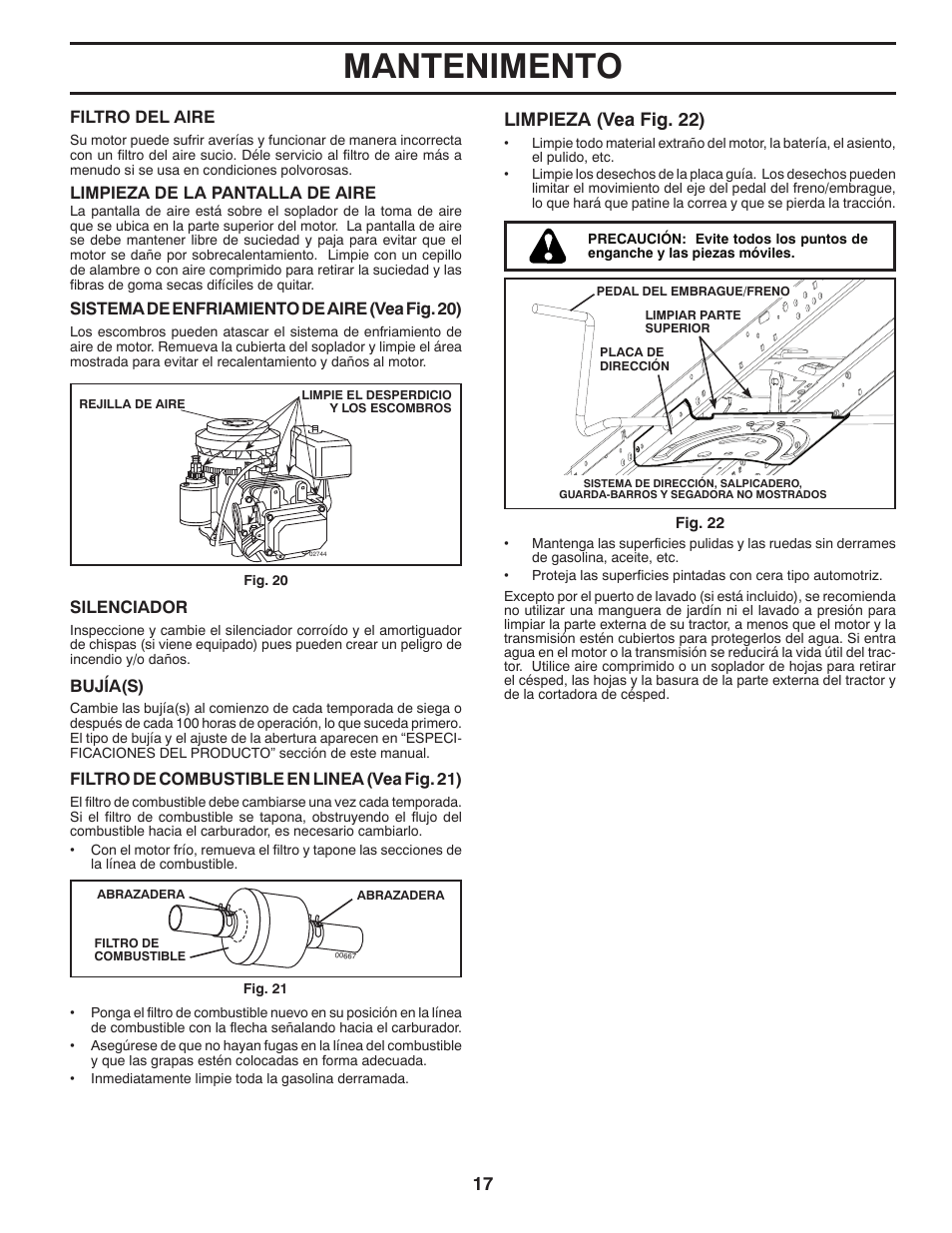 Mantenimento, Limpieza (vea fig. 22) | Poulan Pro PB175A46 LAWN TRACTOR User Manual | Page 45 / 56