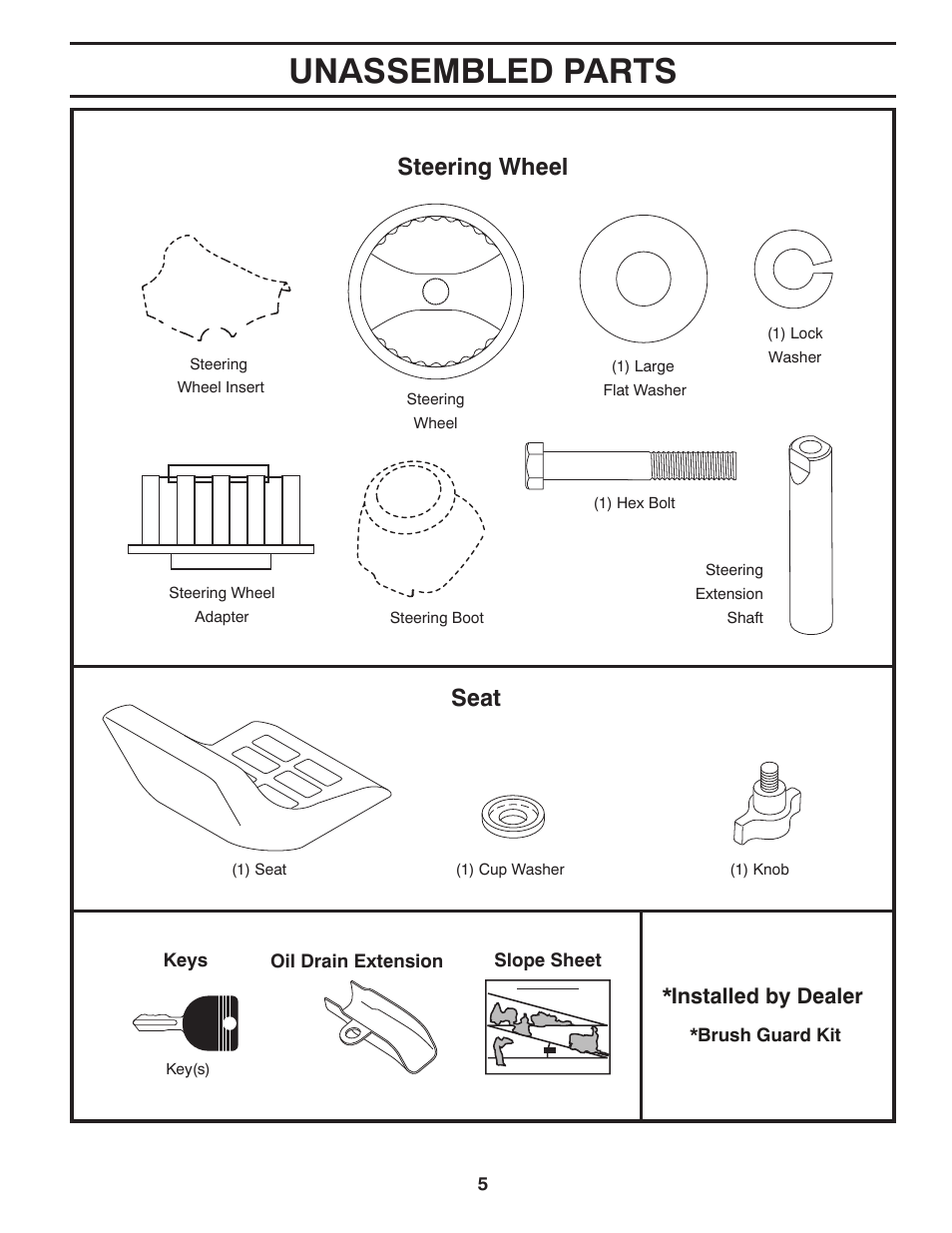 Unassembled parts, Steering wheel, Seat | Installed by dealer | Poulan Pro PB175A46 LAWN TRACTOR User Manual | Page 5 / 56