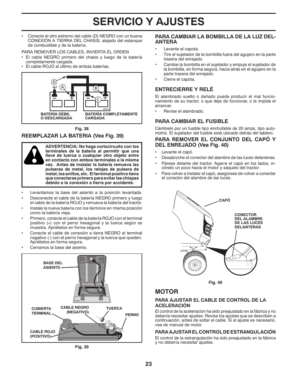 Servicio y ajustes, Motor | Poulan Pro PB175A46 LAWN TRACTOR User Manual | Page 51 / 56