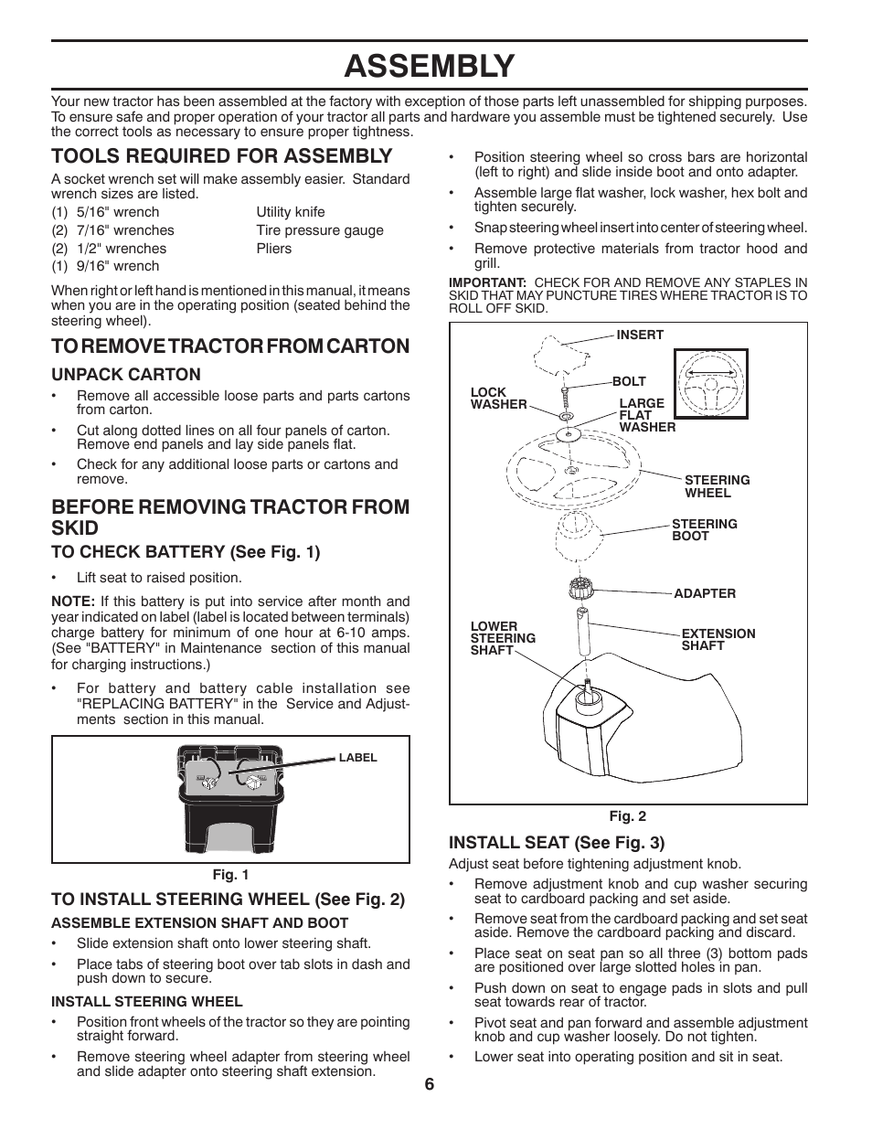 Assembly, Before removing tractor from skid, Tools required for assembly | Poulan Pro PB175A46 LAWN TRACTOR User Manual | Page 6 / 56