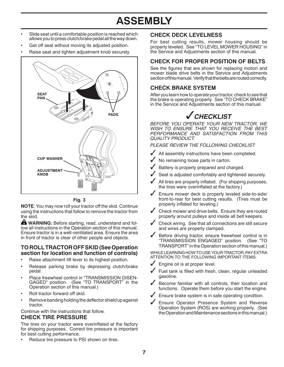 Assembly, Checklist | Poulan Pro PB175A46 LAWN TRACTOR User Manual | Page 7 / 56