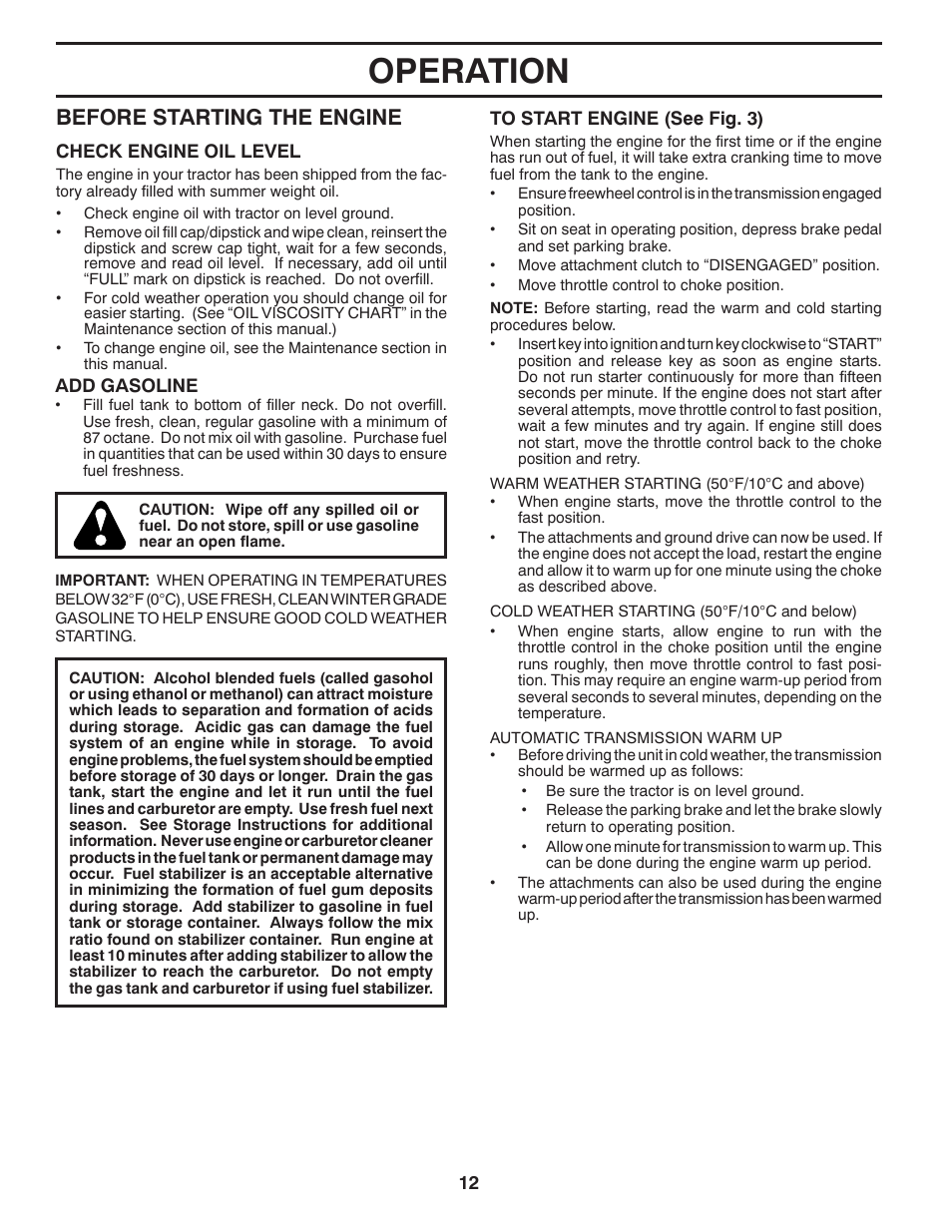 Operation, Before starting the engine | Poulan Pro PB18VA46 LAWN TRACTOR User Manual | Page 12 / 60