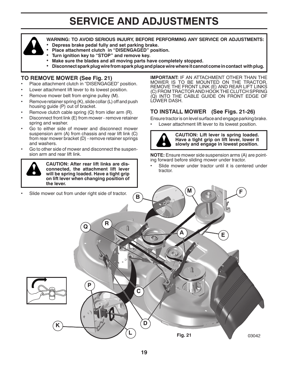 Service and adjustments | Poulan Pro PB18VA46 LAWN TRACTOR User Manual | Page 19 / 60
