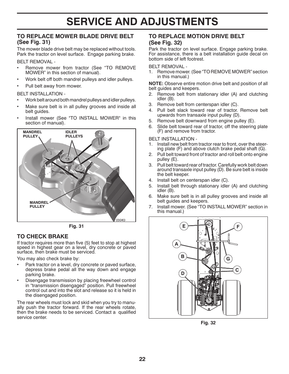 Service and adjustments | Poulan Pro PB18VA46 LAWN TRACTOR User Manual | Page 22 / 60