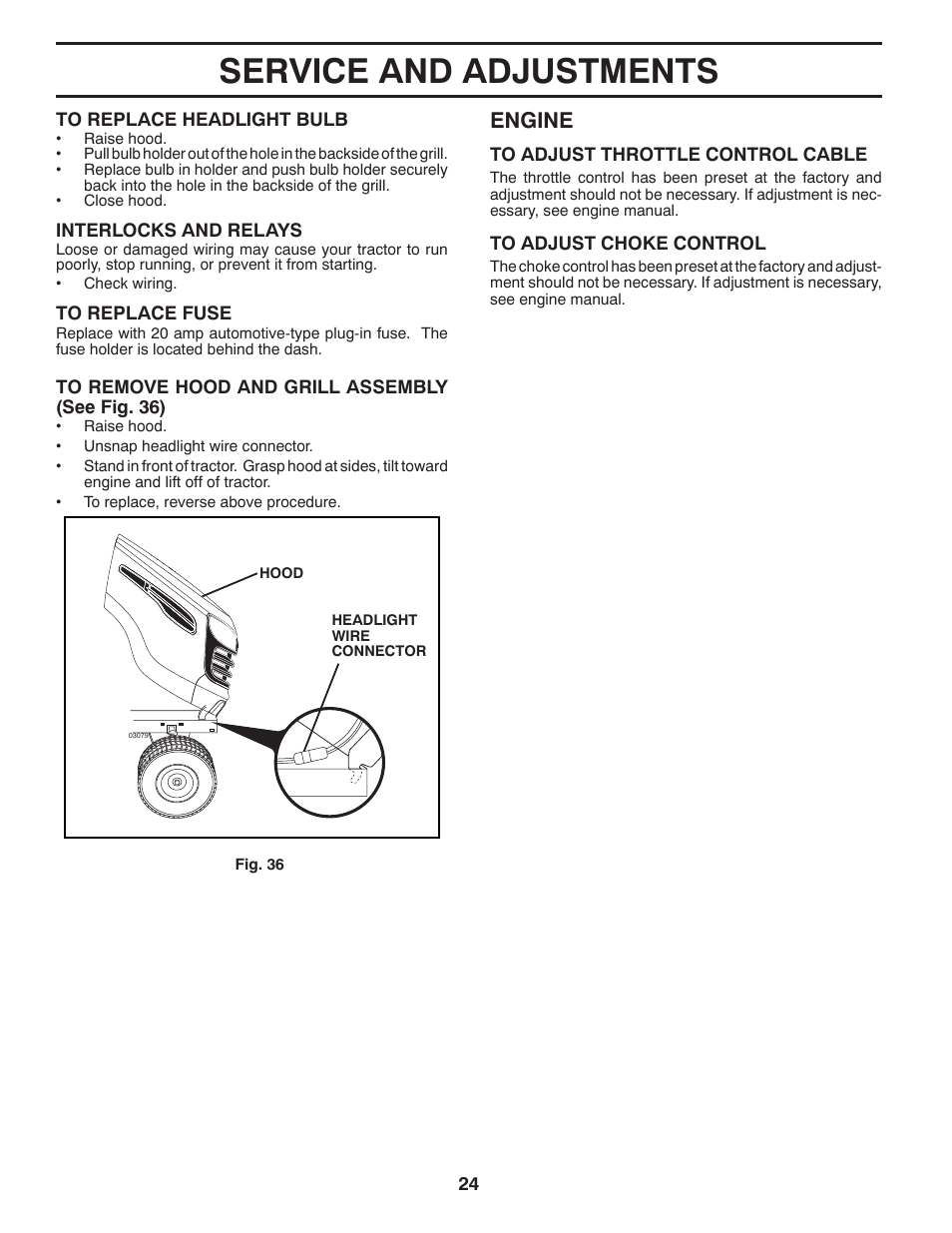 Service and adjustments, Engine | Poulan Pro PB18VA46 LAWN TRACTOR User Manual | Page 24 / 60