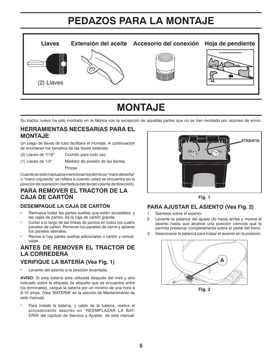 Montaje, Pedazos para la montaje, Herramientas necesarias para el montaje | Antes de remover el tractor de la corredera | Poulan Pro PB18VA46 LAWN TRACTOR User Manual | Page 35 / 60