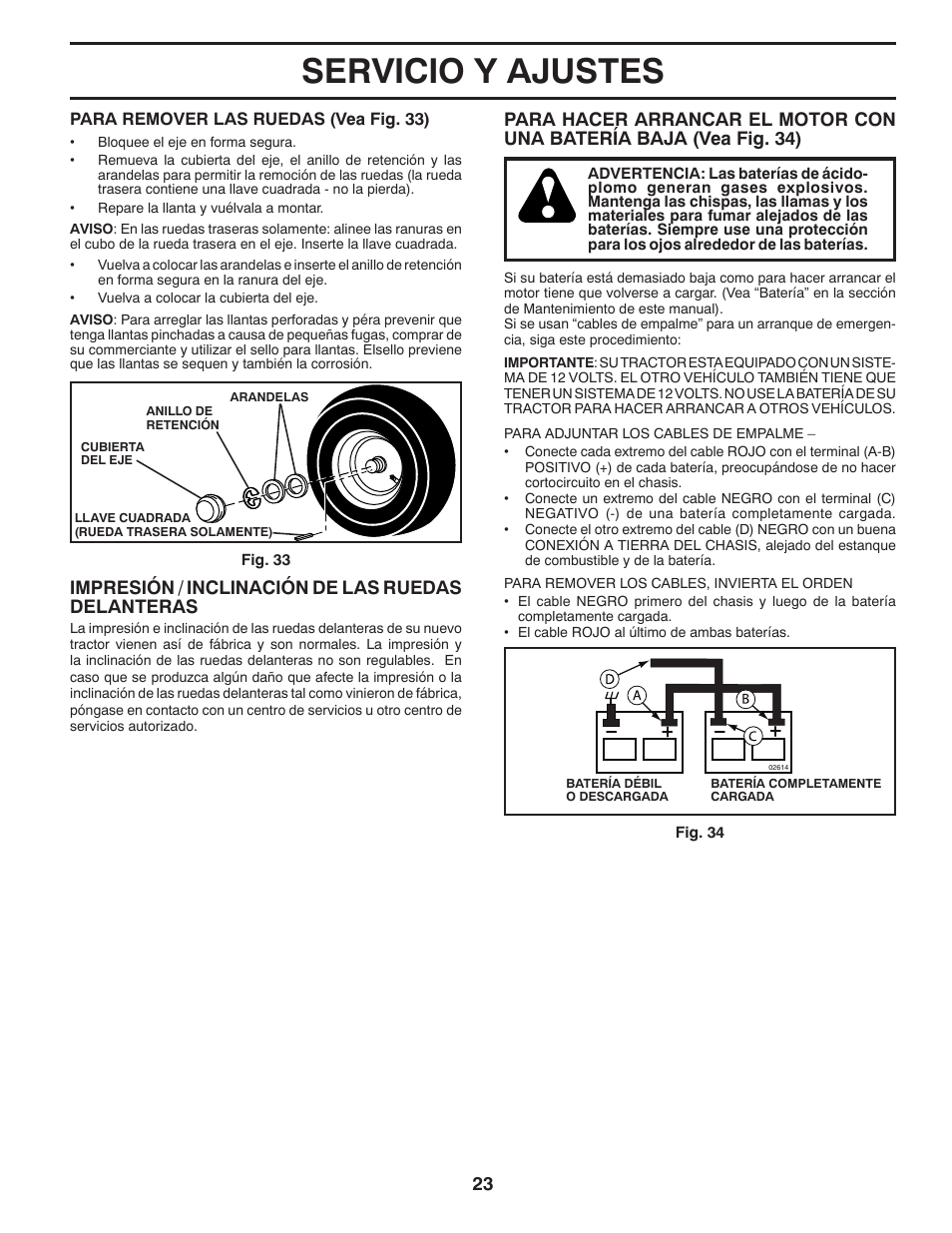 Servicio y ajustes, Impresión / inclinación de las ruedas delanteras | Poulan Pro PB18VA46 LAWN TRACTOR User Manual | Page 53 / 60