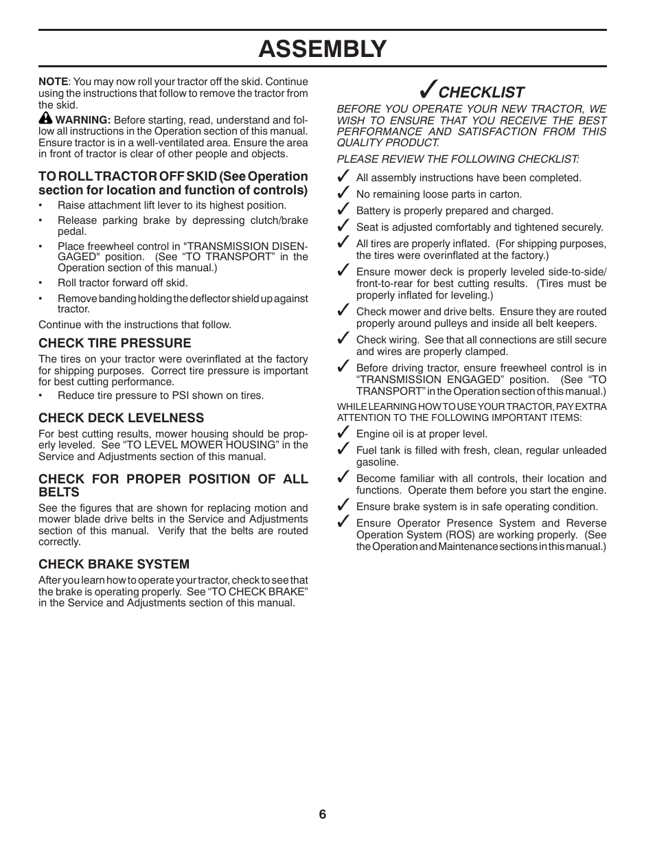 Assembly, Checklist | Poulan Pro PB18VA46 LAWN TRACTOR User Manual | Page 6 / 60