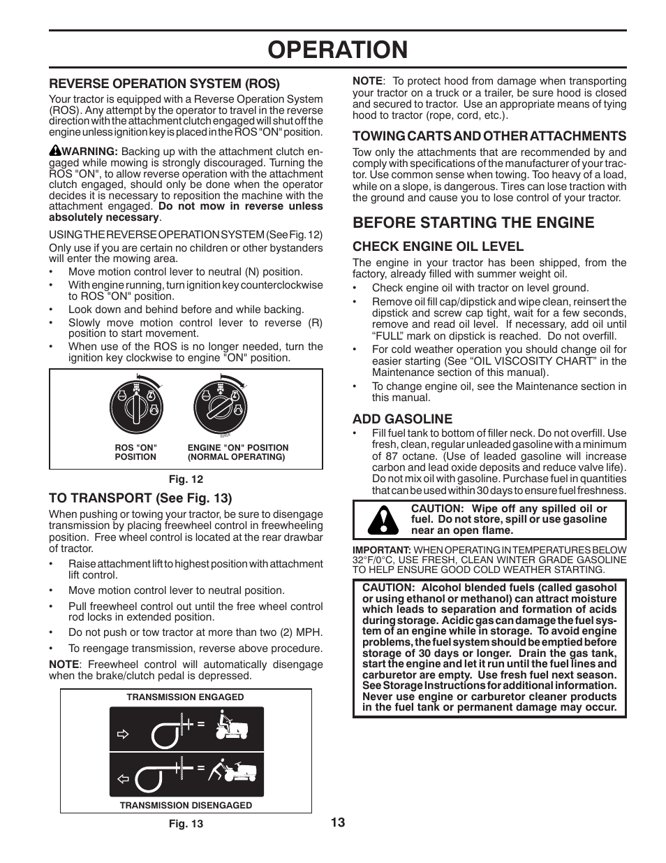 Operation, Before starting the engine | Poulan Pro PB195A46LT LAWN TRACTOR User Manual | Page 13 / 60