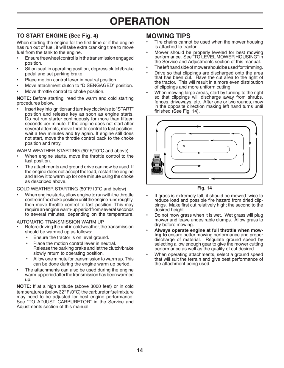 Operation, Mowing tips | Poulan Pro PB195A46LT LAWN TRACTOR User Manual | Page 14 / 60