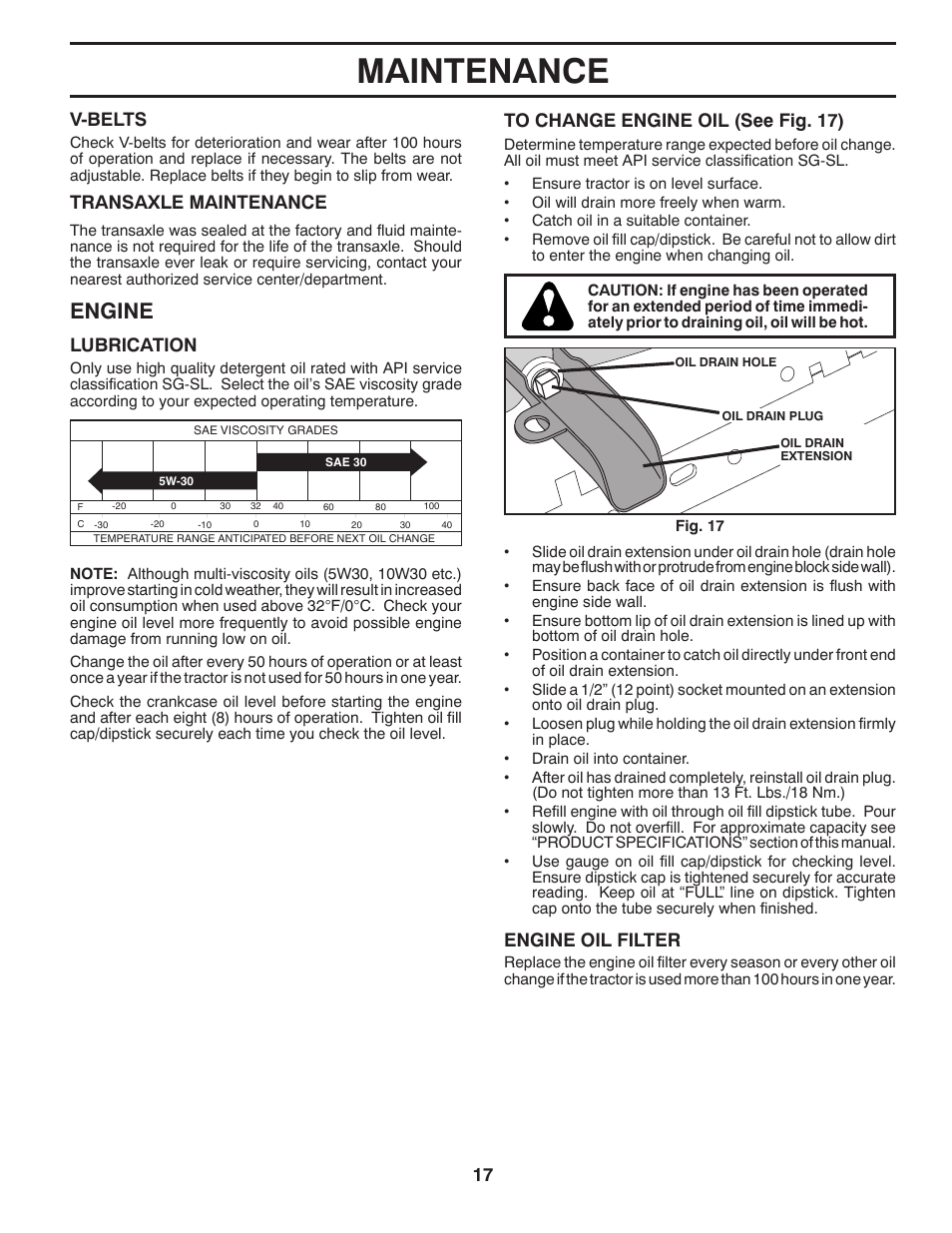Maintenance, Engine, 17 v-belts | Transaxle maintenance, Lubrication, Engine oil filter | Poulan Pro PB195A46LT LAWN TRACTOR User Manual | Page 17 / 60