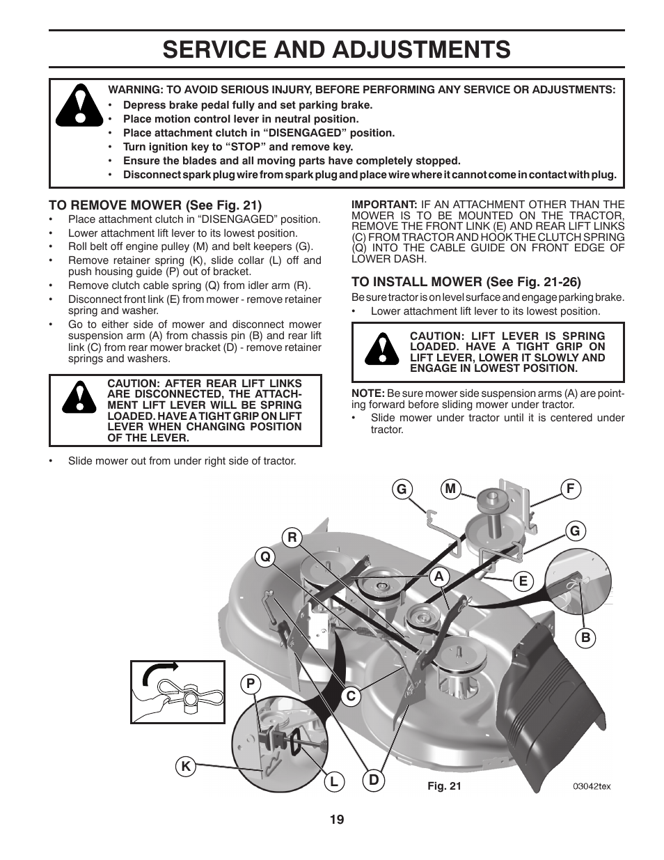 Service and adjustments | Poulan Pro PB195A46LT LAWN TRACTOR User Manual | Page 19 / 60