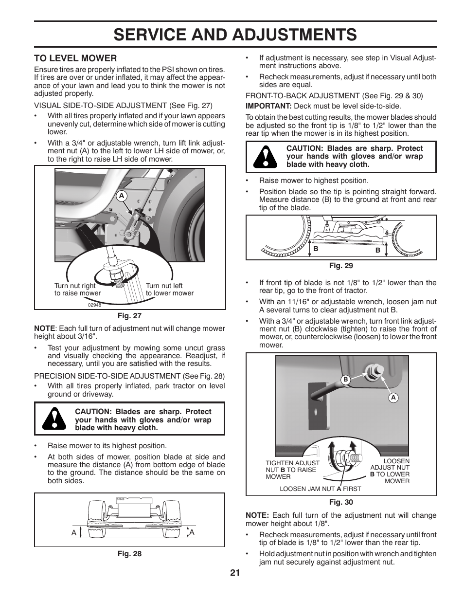 Service and adjustments | Poulan Pro PB195A46LT LAWN TRACTOR User Manual | Page 21 / 60