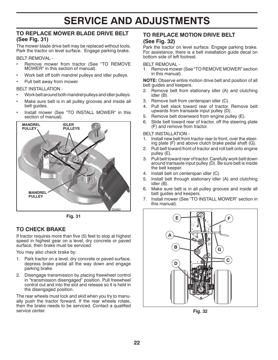 Service and adjustments | Poulan Pro PB195A46LT LAWN TRACTOR User Manual | Page 22 / 60