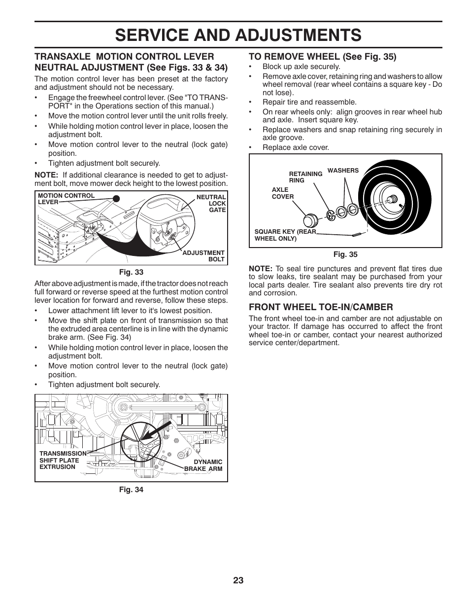 Service and adjustments, 23 to remove wheel (see fig. 35), Front wheel toe-in/camber | Poulan Pro PB195A46LT LAWN TRACTOR User Manual | Page 23 / 60
